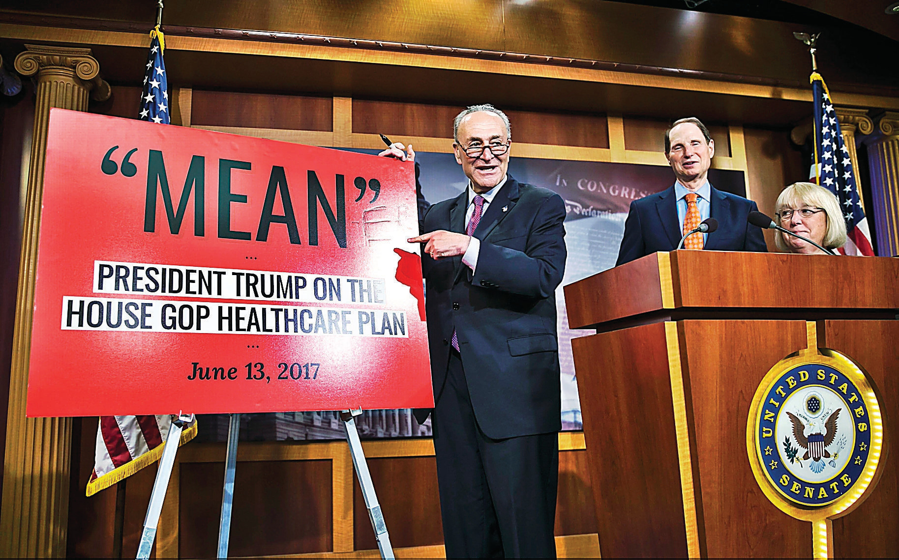 Senate Minority Leader Chuck Schumer edits a quote attributed to President Donald Trump to comment on the release of Senate RepublicansÕ health care legislation